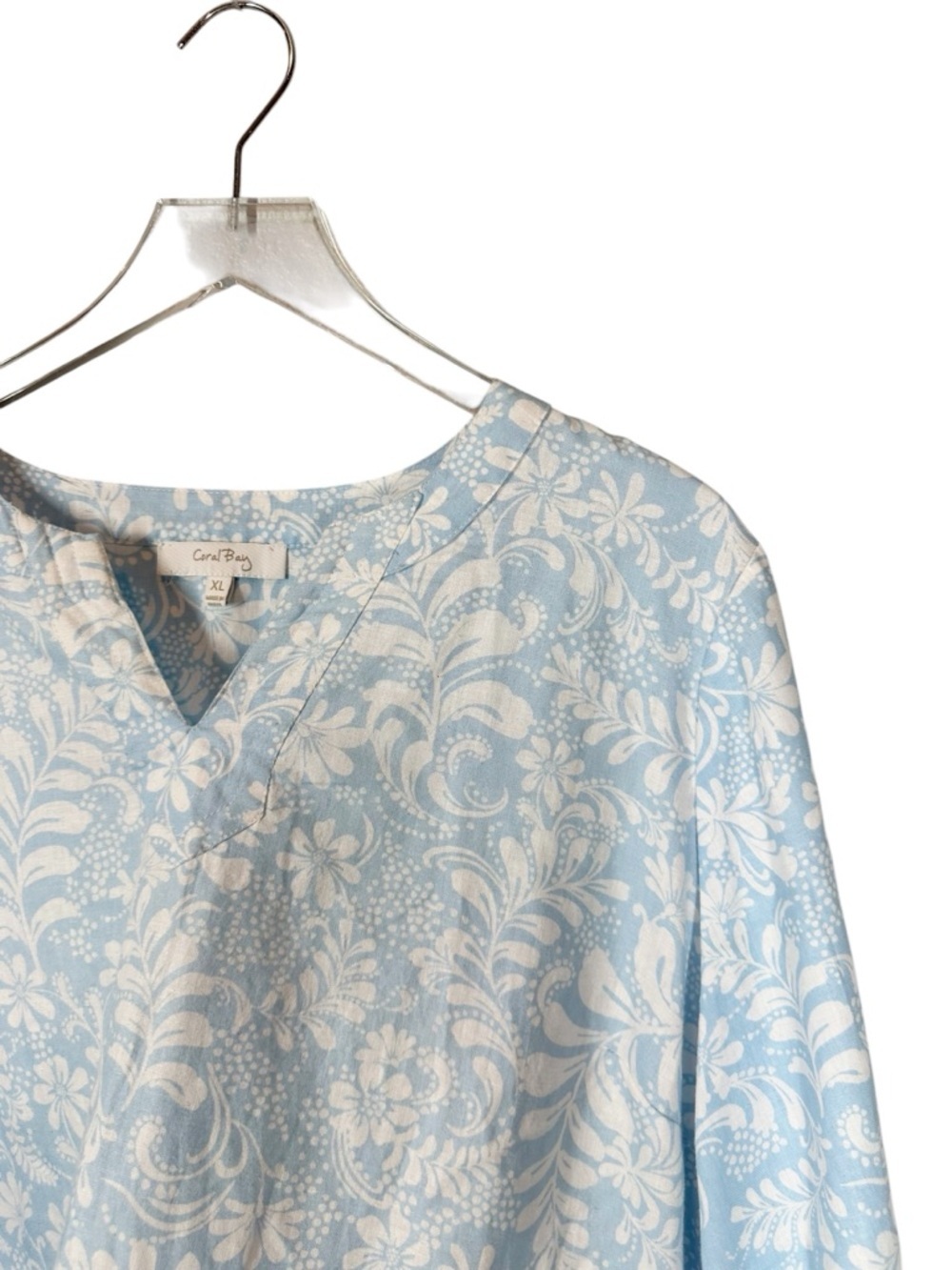 CORAL BAY Women's XL Blue & White Tropical Floral Print Linen Blend Tunic - Picture 2 of 8